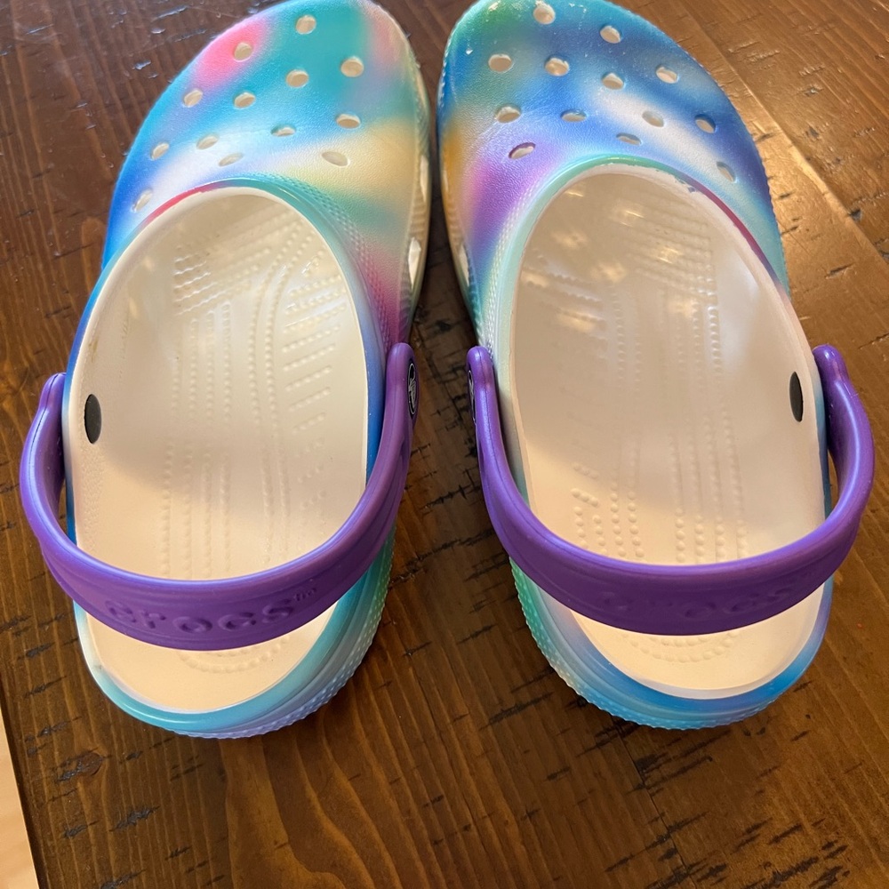 CROCS Purple and Blue Sandals with Artistic Flair